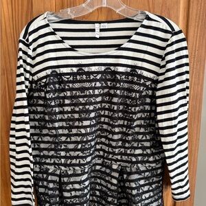 Elle Black & White Striped Top with Lace Detail
